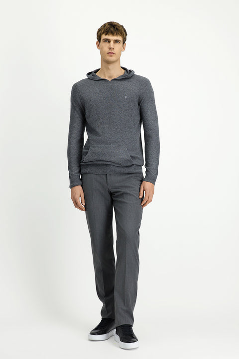 Medium Grey Melange Hooded Regular Fit Wool Knit Sweater