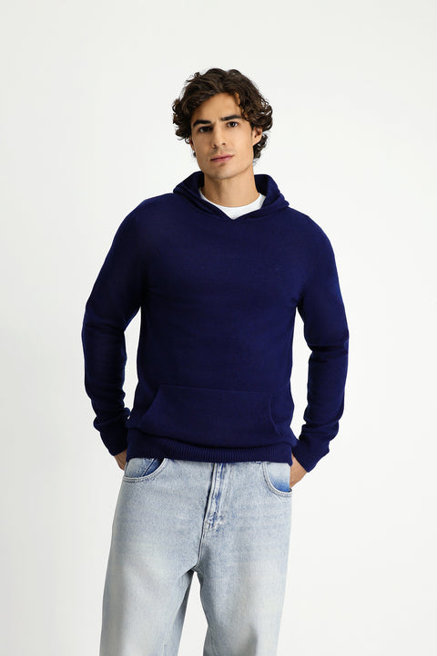 Dark Navy Hooded Regular Fit Wool Knit Sweater