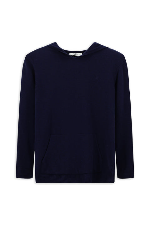 Dark Navy Hooded Regular Fit Wool Knit Sweater