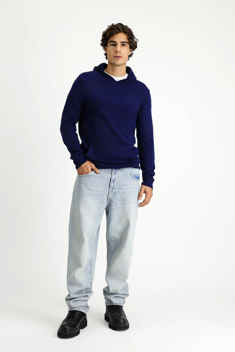 Dark Navy Hooded Regular Fit Wool Knit Sweater