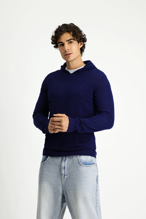 Dark Navy Hooded Regular Fit Wool Knit Sweater