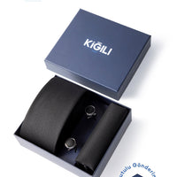 Siyah 3'lü Desenli Kravat & Mendil & Kol Düğmesi Hediye Kutulu Set