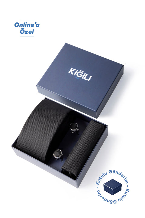 Siyah 3'lü Desenli Kravat & Mendil & Kol Düğmesi Hediye Kutulu Set
