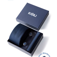 Dark Navy Blue 3-Piece Patterned Tie, Pocket Square & Cufflinks Set in Gift Box