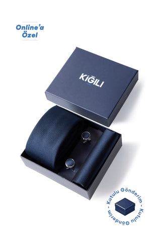  Koyu Lacivert 3'lü Desenli Kravat & Mendil & Kol Düğmesi Hediye Kutulu Set