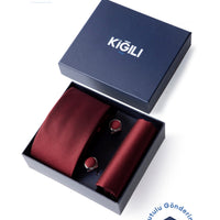 Dark Burgundy 3-Piece Patterned Tie, Pocket Square & Cufflinks Set in Gift Box