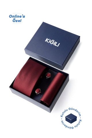 Koyu Bordo 3'lü Desenli Kravat & Mendil & Kol Düğmesi Hediye Kutulu Set