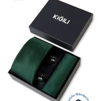Koyu Yeşil 3'lü Desenli Kravat & Mendil & Kol Düğmesi Hediye Kutulu Set