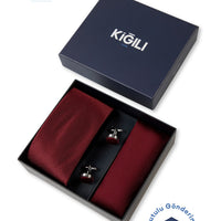 Koyu Kırmızı 3'lü Desenli Kravat & Mendil & Kol Düğmesi Hediye Kutulu Set