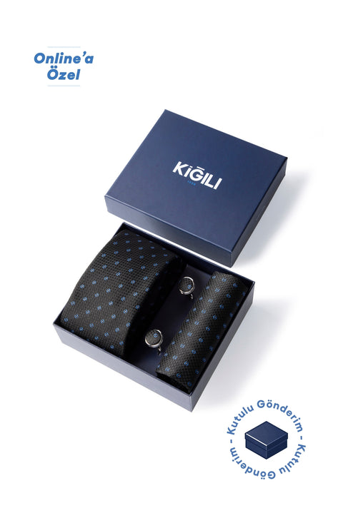 Siyah 3'lü Desenli Kravat & Mendil & Kol Düğmesi Hediye Kutulu Set