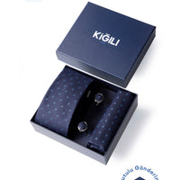 Dark Navy Blue 3-Piece Patterned Tie, Pocket Square & Cufflinks Set in Gift Box