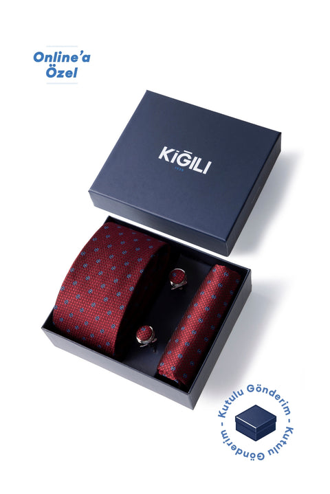 Dark Burgundy 3-Piece Patterned Tie, Pocket Square & Cufflinks Set in Gift Box