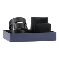Black Patterned 3-Piece Leather Belt, Wallet & Card Holder Set in Gift Box