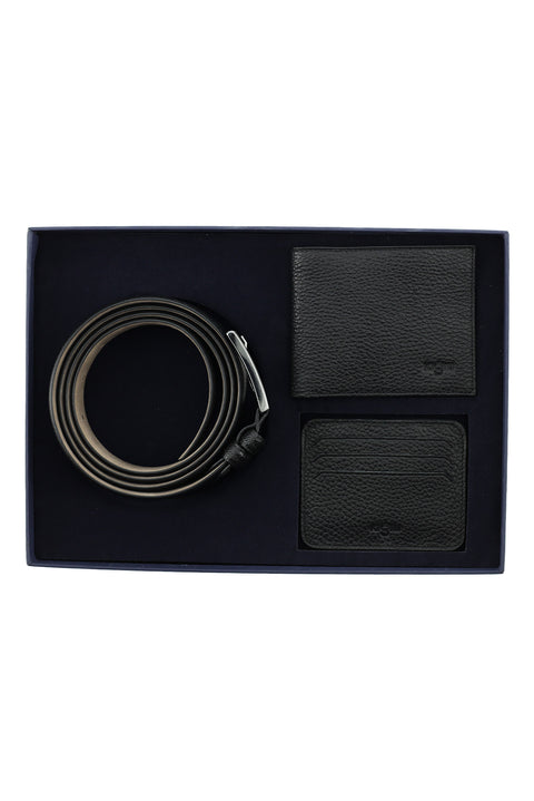 Black Patterned 3-Piece Leather Belt, Wallet & Card Holder Set in Gift Box