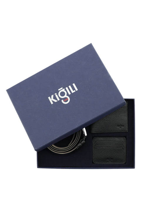 Black Patterned 3-Piece Leather Belt, Wallet & Card Holder Set in Gift Box