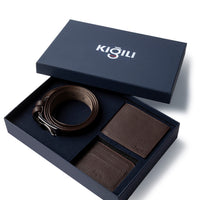 Medium Brown Patterned 3-Piece Leather Belt, Wallet & Card Holder Set in Gift Box