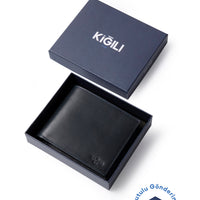 Dark Navy Blue Plain Card Holder with Money Compartment Genuine Leather Wallet with Gift Box