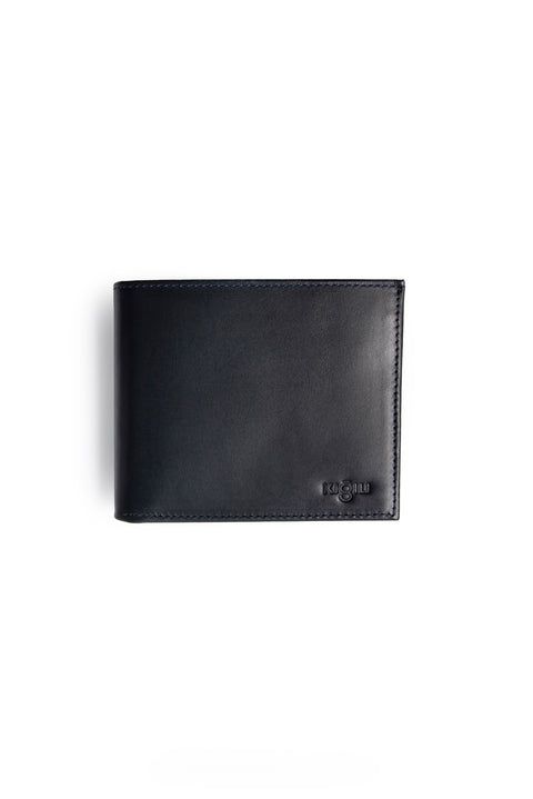 Dark Navy Blue Plain Card Holder with Money Compartment Genuine Leather Wallet with Gift Box