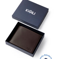 Dark Brown Plain Card Holder with Money Compartment, Genuine Leather Wallet with Gift Box