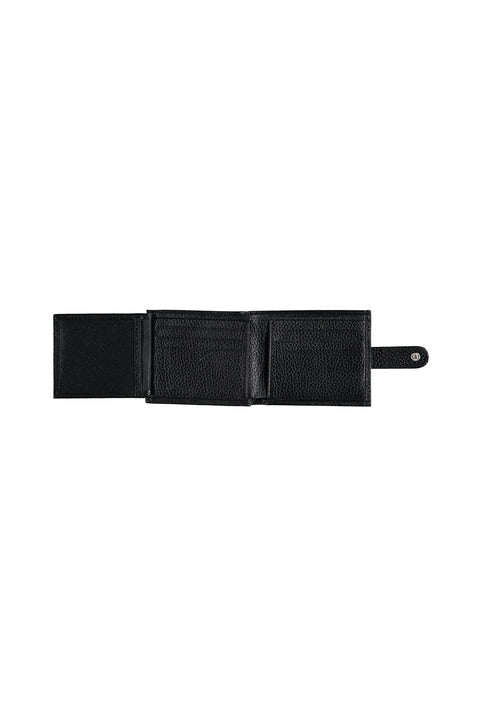 Black Flat Snap Leather Horizontal Wallet with Money and Card Compartments