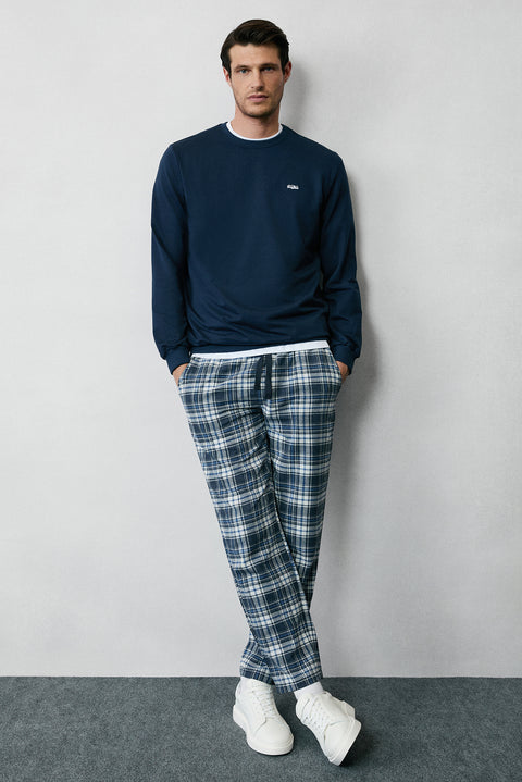 Mid Navy Cotton Plaid Knit Pajama - Sweatpant