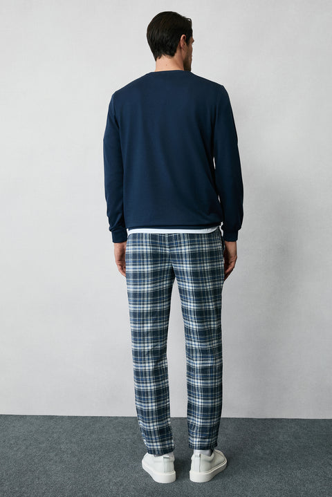 Mid Navy Cotton Plaid Knit Pajama - Sweatpant