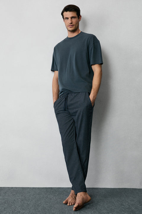 Mid Anthracite Cotton Striped Knitted Bagged Flannel Pajamas - Sweatpant Bottom