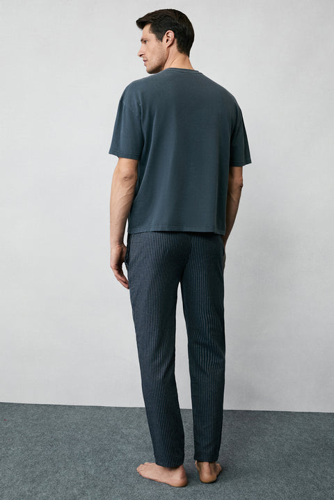 Mid Anthracite Cotton Striped Knitted Bagged Flannel Pajamas - Sweatpant Bottom