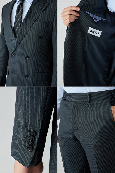 Dark Navy 8 Dr Muscle Fit Striped Wool Double Breasted Peak Lapel Suit