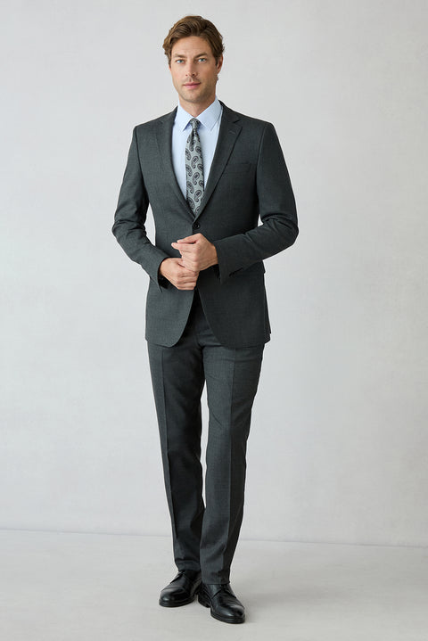 Orta Antrasit 8 Drop Long Slim Fit Uzun Dar Kesim Yünlü Düz Mono Yaka Takım Elbise