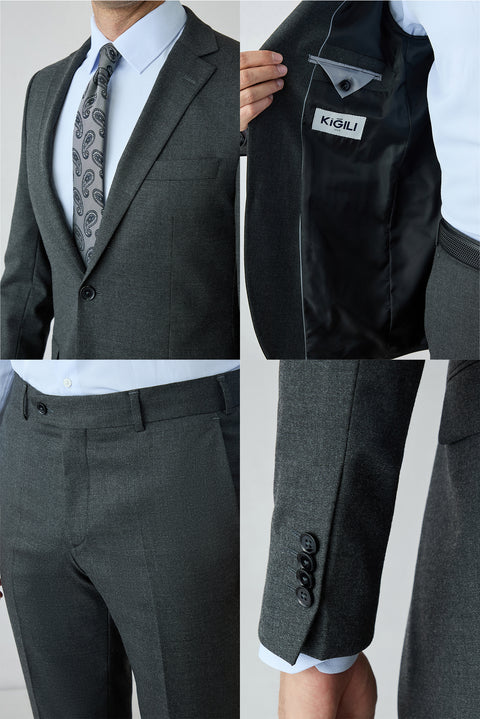 Orta Antrasit 8 Drop Long Slim Fit Uzun Dar Kesim Yünlü Düz Mono Yaka Takım Elbise