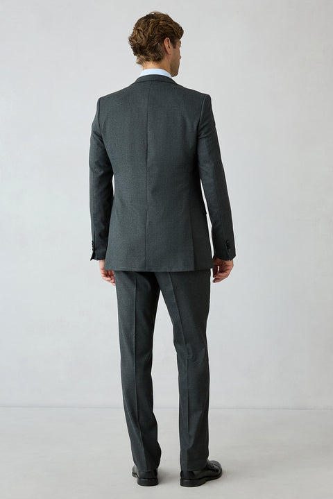 Orta Antrasit 8 Drop Long Slim Fit Uzun Dar Kesim Yünlü Düz Mono Yaka Takım Elbise