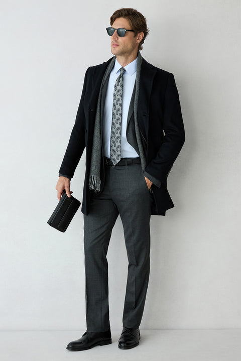 Orta Antrasit 8 Drop Long Slim Fit Uzun Dar Kesim Yünlü Düz Mono Yaka Takım Elbise