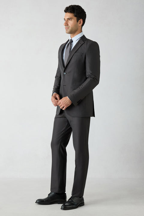 Acı Kahve 8 Drop Long Slim Fit Uzun Dar Kesim Yün Keten Karışımlı Desenli Mono Yaka Takım Elbise