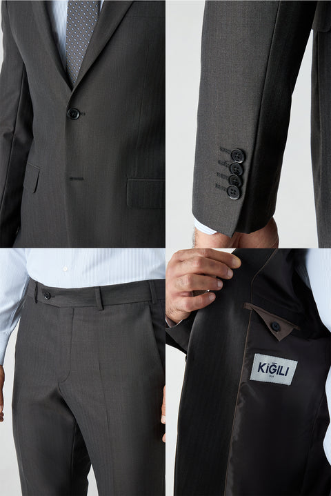 Acı Kahve 8 Drop Long Slim Fit Uzun Dar Kesim Yün Keten Karışımlı Desenli Mono Yaka Takım Elbise
