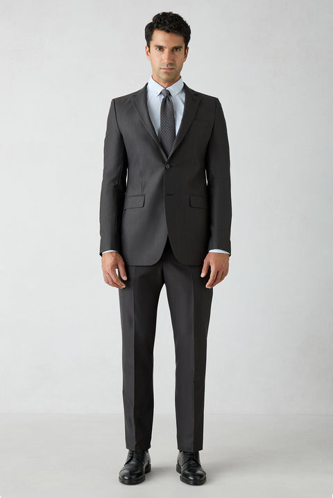 Acı Kahve 8 Drop Long Slim Fit Uzun Dar Kesim Yün Keten Karışımlı Desenli Mono Yaka Takım Elbise