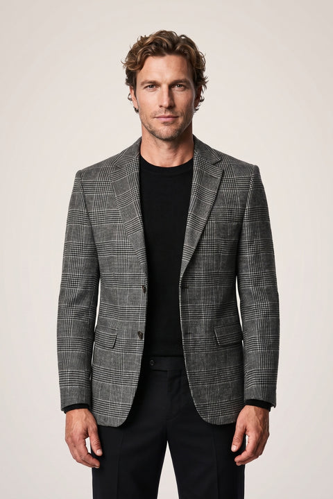 Black 4-Drop Relaxed Fit Shawl Collar Plaid Wool Classic Jacket