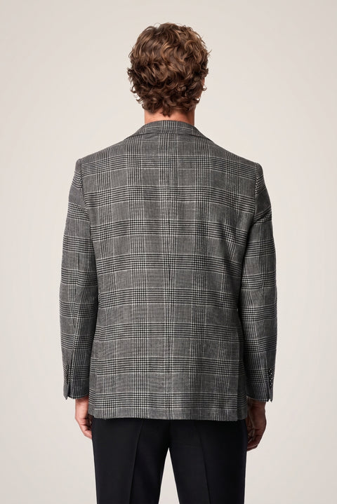 Black 4-Drop Relaxed Fit Shawl Collar Plaid Wool Classic Jacket