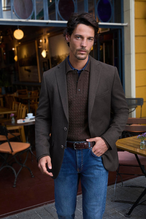 Mürdüm 7 Drop Slim Fit Mono Yaka Armürlü Yünlü Örme Klasik Ceket