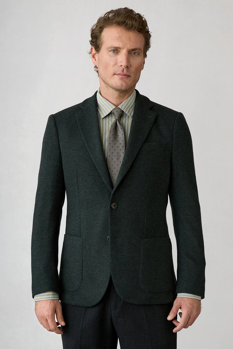 Dark Green 7 Drop Slim Fit Notch Lapel Textured Wool Blend Knitted Classic Jacket