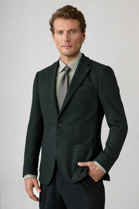 Dark Green 7 Drop Slim Fit Notch Lapel Textured Wool Blend Knitted Classic Jacket