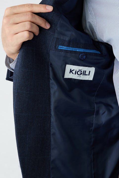 Orta Lacivert 6 Drop Regular Fit Standart Kesim Yün Karışımlı Kare Desenli Mono Yaka Klasik Ceket
