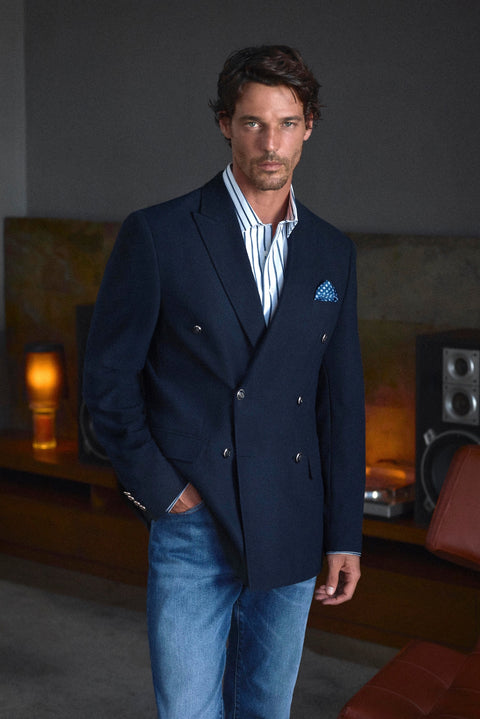Dark Navy Blue 7 Drop Slim Fit Pointed Lapel Armory Double-Breasted Blazer Jacket