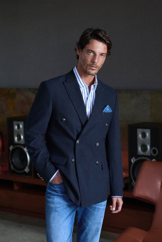  Koyu Lacivert 7 Drop Slim Fit Dar Kesim Desenli Sivri Yaka Kruvaze Blazer Ceket