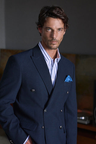  Koyu Lacivert 7 Drop Slim Fit Dar Kesim Desenli Sivri Yaka Kruvaze Blazer Ceket