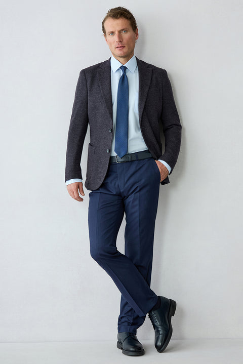 Dark Navy 7-Drop Slim Fit Textured Classic Trousers