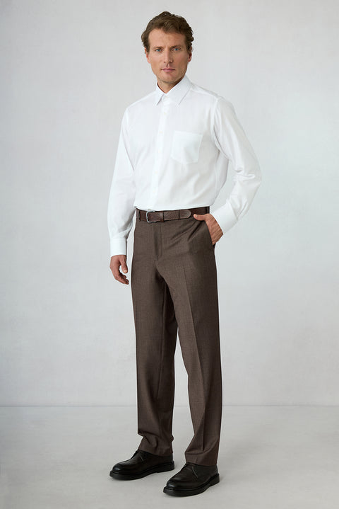 Orta Kahve 4 Drop Relaxed Fit Rahat Kesim Yünlü Düz Klasik Kumaş Pantolon