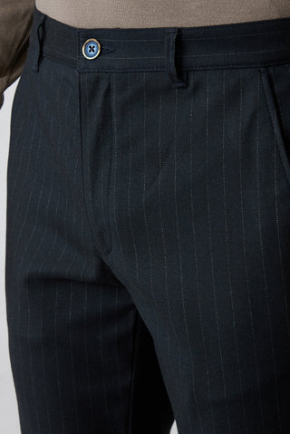  Koyu Lacivert Straight Slim Fit Çizgili Likralı Yandan Cep Kanvas / Chino Pantolon