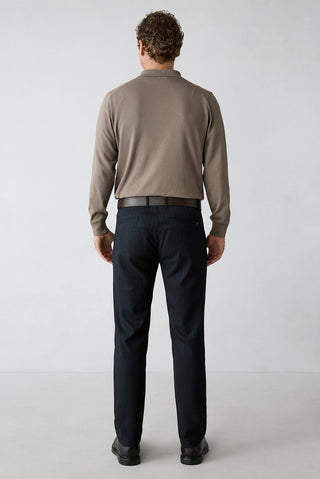  Koyu Lacivert Straight Slim Fit Çizgili Likralı Yandan Cep Kanvas / Chino Pantolon