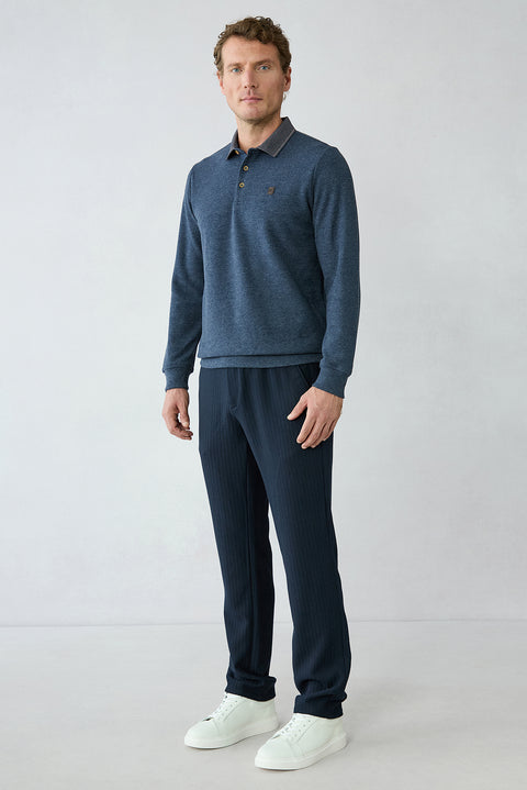 Mid-Denim Relaxed Striped Casual Trousers with Back Elasticated Waist